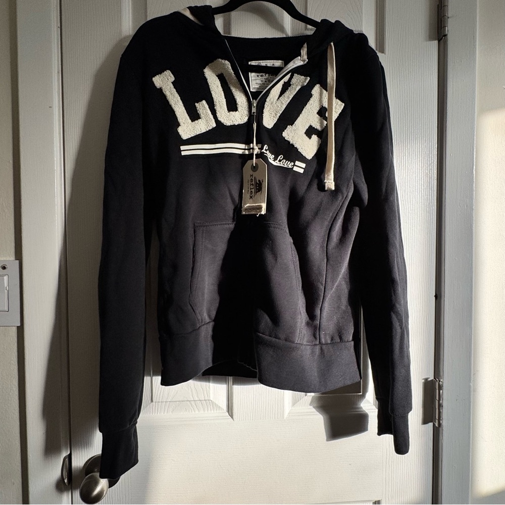 Black Hoodie with White 'LOVE' Print NWT Reflex